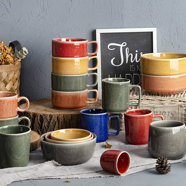 OEM Luxury Customized Sustainable Reactive Glaze Stoneware Tableware Set Ceramic Dinnerware with Cups Bowls Plates