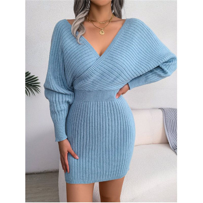 Winter elegant long sleeve knit dress v neck  women's knitted sweater dresses
