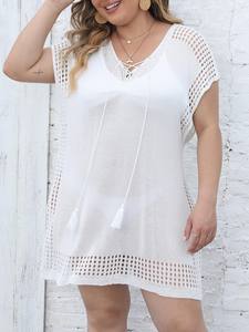 Robe de plage grande taille pour femmes, col en V profond, à nouer devant, tissée, sexy, pour les vacances, vêtement de plage pour bikini, pour commande en gros - Product Image 4