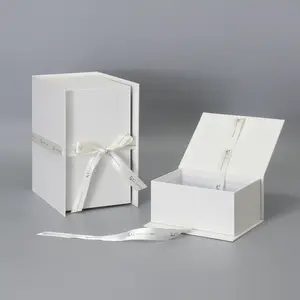 Custom Rigid Hard Paper Box White Flip Cover Gift Boxes For Packaging With Ribbon