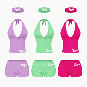 Completo Estivo Personalizzato per Donna: Top Corto in <span class=keywords><strong>Cotone</strong></span> Modal con Lacci e Pantaloncini da Palestra Pieghevoli, Set Due Pezzi - Product Image 1