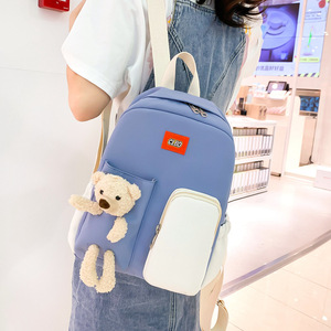 Clbd Nylon <b>Backpack</b> 15 Inches Solid Color With Bear Plush Toy For <b>Student</b> School Use - Product Image 3