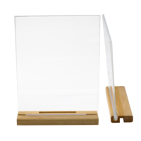 Support de menu en acrylique transparent en forme de T avec deux fentes, support de carte de table en acrylique portrait avec base en bois