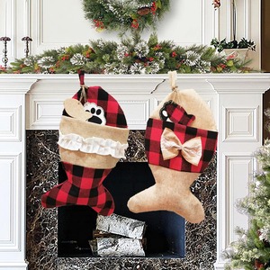 Chaussettes de Noël douces en polyester à motif écossais et os de poisson pour chats et chiens - Décorations de Noël et sacs cadeaux - Product Image 3
