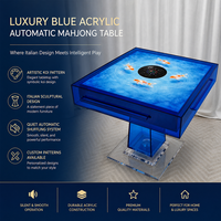 Table de Mahjong automatique élégante en acrylique bleu motif Poisson Koi, plateau carré avec système de levage automatique des tuiles pour soirées jeux à domicile
