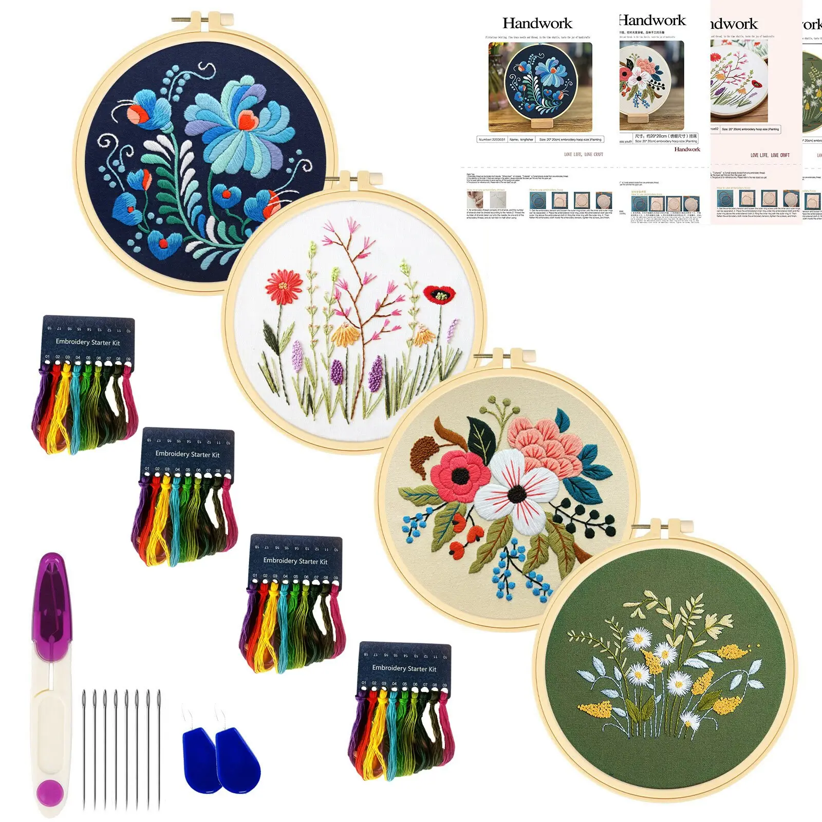 4er Pack Blumen stickerei Kit für Anfänger mit Muster und Anleitung Kreuzstich-Kits