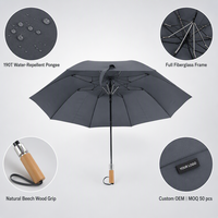 Parapluie d'affaires compact gris sophistiqué avec poignée en bois et boucle de poignet couleur bronze, idéal pour un cadeau d'entreprise VIP haut de gamme