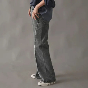 Vaqueros de tiro alto rectos y holgados para mujer, de moda, con dobladillo deshilachado, de pierna ancha, estilo casual, largos hasta el suelo. - Product Image 1