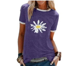 Camiseta de punto explosiva 100% algodón para mujer con estampado de margaritas pequeñas, cuello redondo, manga corta, adelgazante, a la moda y transpirable - Product Image 1