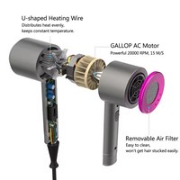 Secador de Pelo Profesional Silencioso de 2000W con Motor AC, Iones Negativos, 3 Velocidades, Voltaje Universal, Sin Aspas, con Difusor