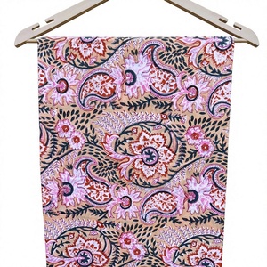 Premium pure cotton hand block print fabric features vibrant pink paisley motifs and red floral vines beautifully stamped across - Product Image 1