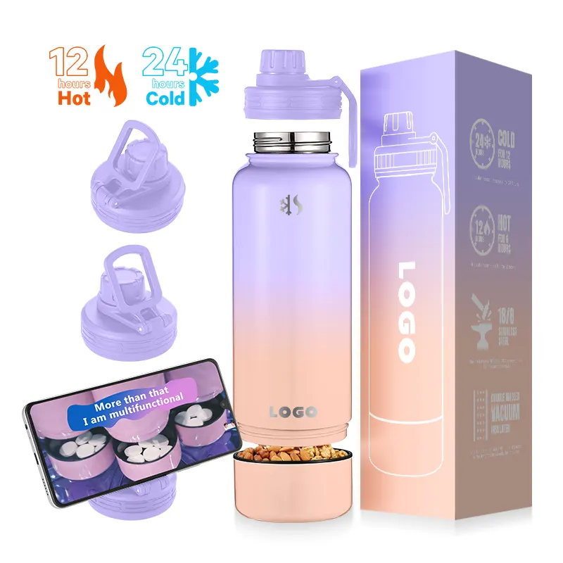 Everich Bulk Custom Logo Color Double Wall 304 Stainless Steel Sport Water Bottle Insulated Vacuum Flask With Snack Compartment