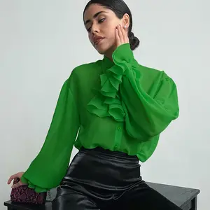 Blouses Elegant Women 2022 Korean Tops Green Chiffon Fashionable Ruffle Shirts Woman Blouse Romantic