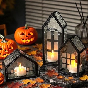 LANJO 3pcs retro geometric Iron House Shape <b>Candle</b> <b>Lanterns</b> With Warm Glow For Home Decoration Christmas - Product Image 6
