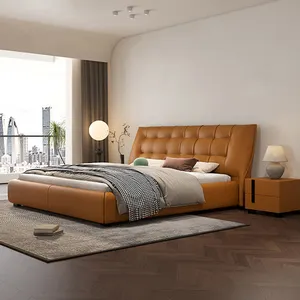 Cama de couro elegante e confortável, cama king size moderna de alta qualidade, mobília de quarto, cama de casal luxuosa leve
