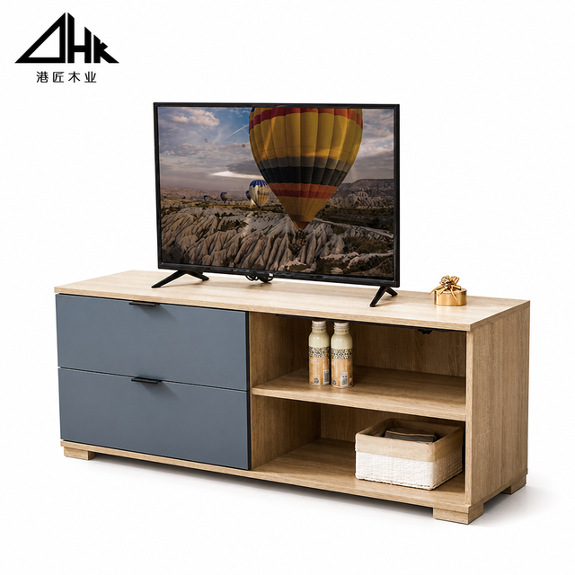 Modern Minimalist TV Stand with Natural Oak Finish and Dual Matte Gray Drawers, Low-Profile Media Console Cabinet