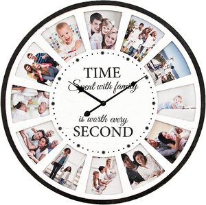 Horloge murale en bois avec <span class=keywords><strong>collage</strong></span> de 12 photos, citation familiale, silencieuse, rustique, style ferme, grande horloge murale surdimensionnée pour la maison, le salon - Product Image 1
