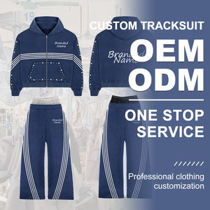 Ensemble survêtement streetwear <span class=keywords><strong>pour</strong></span> homme, personnalisé, lourd, délavé à l'acide, avec des patchs, des strass, double fermeture éclair, coupe ample, pantalon de survêtement et sweat-shirt - Product Image 1