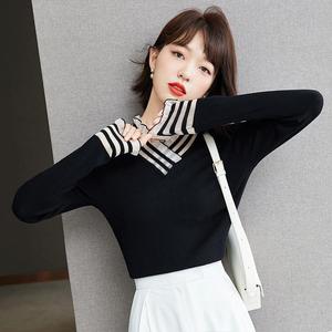 Pull pour femme, coupe ajustée, col en V, tricot fin, bordure à volants, vêtements d'automne et d'hiver - Product Image 1