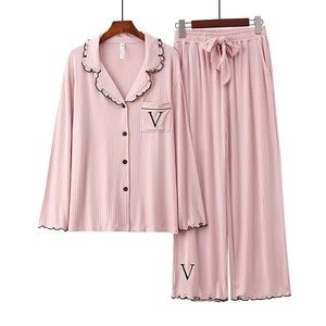 Pijamas de Mujer de Modal Transpirable con Cintura Elástica y Cuello Camisero, 8*5, Otoño - Product Image 4