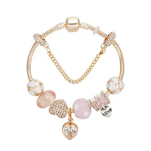 European DIY Gold Snake Chain Safety Chain Pink Chamilia Beads Bracelet Full Crystal LOVE Heart Charm Pendant Bracelet