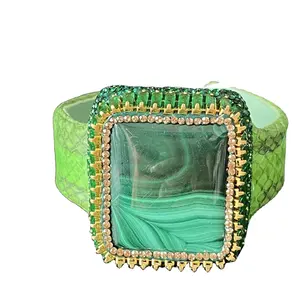 Gelang kulit asli wanita, gelang kulit asli berlapis Batu merak persegi alami, perhiasan gelang trendi modis