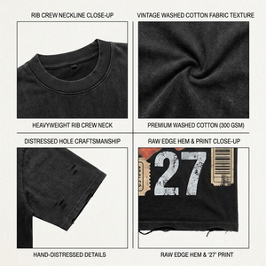 Camiseta con Etiqueta Personalizada, Estilo Vintage, 300GSM, Algodón Grueso, Corte Holgado, Recortada, con Estampado Gráfico, para Hombre - Product Image 2