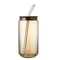 Mug en verre en gros à prix d'usine avec couvercle en bambou et paille en verre, tasse en verre en forme de canette de cola pour boissons froides