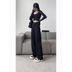 2025 femmes taille haute jambe large jean droit ample minceur pantalon avec petit drapé vadrouille respirant Design Logo sur la taille - Product Image 2