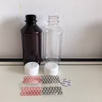 Bouteille en plastique transparente vide de 115 ml (4 fl. oz) pour sirop contre la toux Tussionex Tris Pharma avec bouchon CRC et boîte en papier en ligne