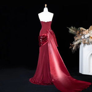 Robe de soirée sirène en satin bordeaux de luxe Jancember LSZ608 avec surjupe - Product Image 3