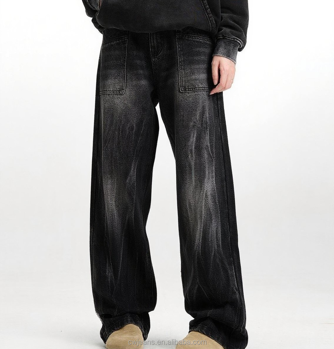 Custom 100% Cotton Straight Fit Baggy Washed Jeans Vintage Strip