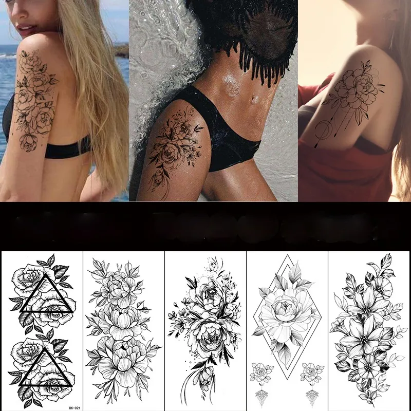 Sketchs Flores Adesivos Tatuagem Temporária à prova d' água Preta do Flash Novo Tatuagens Arte Corporal para As Mulheres Menina Temporales tatuajes