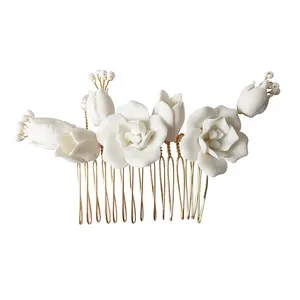 Accessori per capelli fatti a mano in stile Ins fiore di rosa diadema da sposa in ceramica floreale copricapo perni per pettine per matrimonio