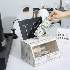 Boîte à embouts en bois personnalisée avec fenêtres transparentes Boîte de donation avec serrure et écriture Boîte de collecte tableau noir - Product Image 3