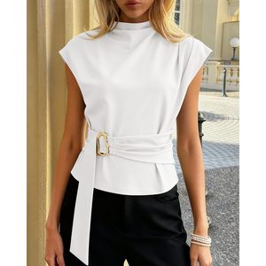 Women Blouse Cap Sleeve Mock Neck Wrap <b>Tie</b> Buckle Top Work Business Casual Poplin Elastic Fit - Product Image 2