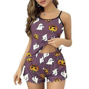 Conjunto de pijama camisola de Halloween para mujer, ropa de dormir con estampado de calabaza y <span class=keywords><strong>fantasma</strong></span>, pantalones cortos con dobladillo con volantes, ropa ligera para estar en casa - Product Image 4