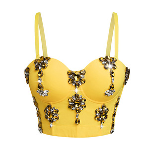 Meilleure vente pour femme : Crop top bustier ajusté à bretelles spaghetti, orné de diamants, avec baleines, style mode - Product Image 6