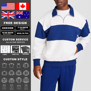 KingSen Wholesale <b>Men's</b> Vintage Color Block Quarter Zip Cotton Sweatshirt Drop Shoulder Drop Shoulder Loose Fit <b>Pullover</b> Hoodie - Product Image 2