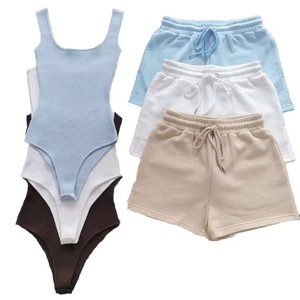 OEM Women Shorts <strong>Sets</strong> Summer <strong>Square</strong> Neck Sports Vest Short Drawstring Jogger Pants Bodysuit Cotton <strong>Set</strong> Womens 2 Piece Jogger <strong>Set</strong> - Product Image 1