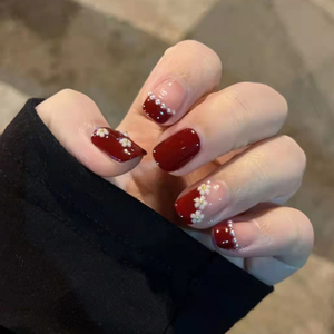 <span class=keywords><strong>Uñas</strong></span> Postizas Rojo Cereza Otoño Invierno, <span class=keywords><strong>Uñas</strong></span> Cortas con Perlas para Año Nuevo, <span class=keywords><strong>Uñas</strong></span> Artificiales Cuadradas con <span class=keywords><strong>Flores</strong></span> para Boda - Product Image 1