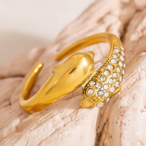 Dolphin Shape Gold Plated <b>Ring</b> With <b>Crystal</b> Pave Setting Unisex Fashion Jewelry Gift - Product Image 1