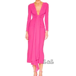 Linda moda Guangzhou fábrica Casual mujer ropa verano cuello en V elegante Color sólido Rosa rojo manga larga vestido de mujer