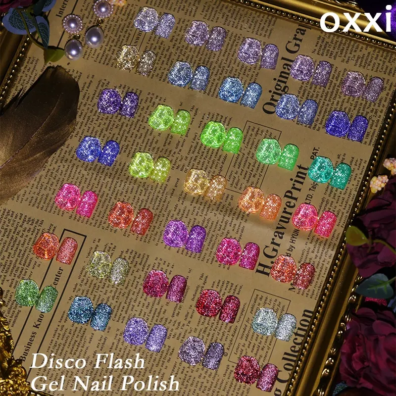 Oxxi 36 Warna contoh gratis Global Fashion GLitter Disco Gel poles bersinar di bawah Flash manufaktur kuku perlengkapan UV Gel