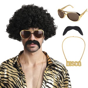 Ensemble de fête disco <span class=keywords><strong>hippie</strong></span> vintage pour Halloween et carnaval, thème <span class=keywords><strong>hippie</strong></span>, comprenant une <span class=keywords><strong>perruque</strong></span> afro, des lunettes de luxe et une barbe - Product Image 1