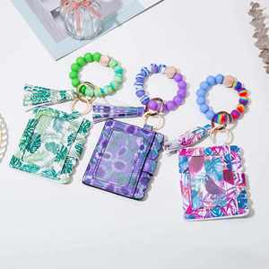 Llavero Portatarjetas de Crédito, Monedero de Cuero con Cremallera, Cartera de Cuero Estampada, Pulsera de Silicona con Cuentas Florales, Llavero con Borla - Product Image 1