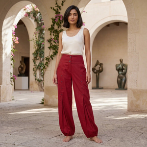 Women's High Waist Wide Leg Red Harem <b>Pants</b> 100% Cotton Loose Fit Full Length Button Regular Fit Casual <b>Summer</b> Style - Product Image 1