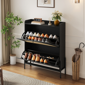 2-Drawer Wooden Shoe Cabinet Rattan Doors <b>Narrow</b> Freestanding <b>Storage</b> Organizer Entryway Black - Product Image 3