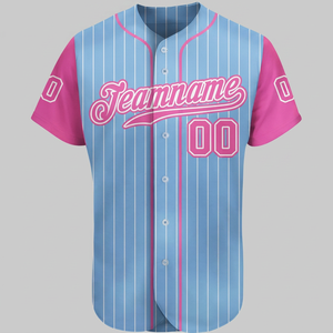 Camiseta de Béisbol Personalizada, Azul Claro con Rayas Rosas, Manga Corta, Cierre de Botones, Unisex, para Adultos, Transpirable, de Poliéster, con Nombre del Equipo Impreso - Product Image 1