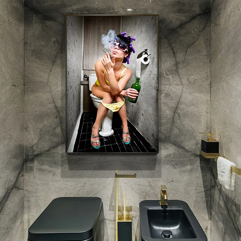 Woman on the toilet picture wall art poster sexy girl smoking and drinking canvas print painting for bathroom bar decor